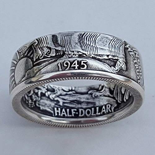 Silver Morgan Dollar Coin Ring 1945 Morgan Dollar Ring - Morgan Silver Dollar Coin Design Ring - Coin Ring Men National Emblem Engraved Signet Rings for Men Women One Dollar Coin Rings Size 11