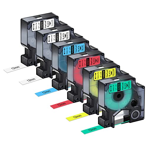 NineLeaf 6 Pack Compatible Label Tape Replacement for Dymo D1 Label Tape 12mm 45013 45010 45016 45017 45018 45019, 12 Inch D1 Label Cassette Use for Dymo LabelManager 160 280 360D 210D 450 COLORPOP