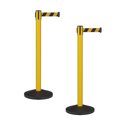 Crowd Control Warehouse Set of 2 Retractable Belt Barrier Stanchions, 11 Ft | Safety Features Include Sloped Base, Yellow Post and Black and Yellow Diagonal Belt, CCW RBB-100.