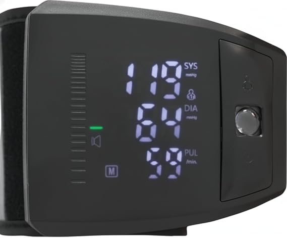 Emitter Rechargeable Wrist Blood Pressure Monitor with Voice Guidance, Digital BP Monitor for Home Use, LED Display, 2-User Memory (90 Readings), Portable Wrist BP Device