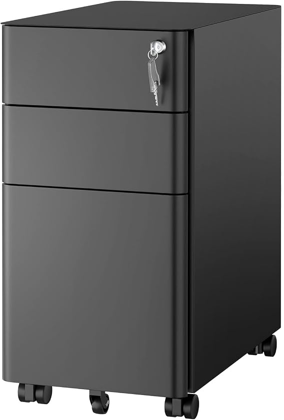 Mount-It! Slim 3 Drawer Rolling File Cabinet with Lock, Mobile Metal Filing Cabinet on Wheels for Under Desk Home & Office Storage, Letter Legal A4, Black