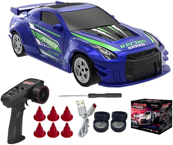 Drift Car 1:60 2.4 GHz Mini RC Car Drift Car 4WD Remote Controlled with Gyro Interchangeable Tyres LED Lighting y Proportional Control RC (Blue)