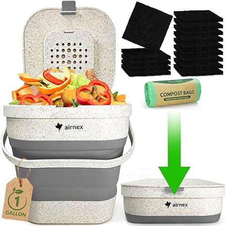 AIRNEX Collapsible Food Waste Bin with Lid - 1 Gallon Food Waste Caddy for Kitchen Made of Wheat Straw - Odor Free Compost Bin with 20 Pcs Compostable Trash Bags and 14 Pcs Carbon Filters