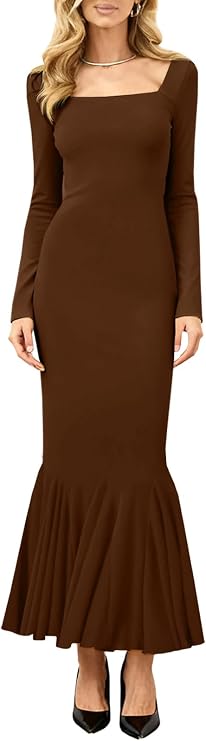 Women's Basic Sexy Long Sleeve Bodycon Maxi Dress Square Neck Casual Ribbed Party Long Dresses