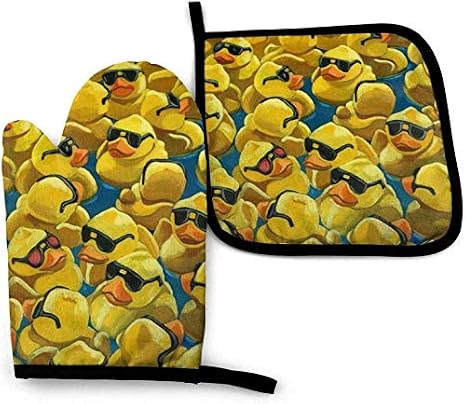 Rubber Duck Painting Oven Mitts and Pot Holders Sets Non-Slip Heat Resistance Kitchen Gloves for BBQ Baking Grilling