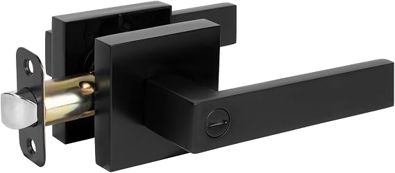 HOSOM Black Privacy Door Handles with Lock, Keyless Interior Door Handle for Bedroom Bathroom, Modern Square Lever Door Handle Set, Matte Black Door Lock Door Knob, 1 Pack