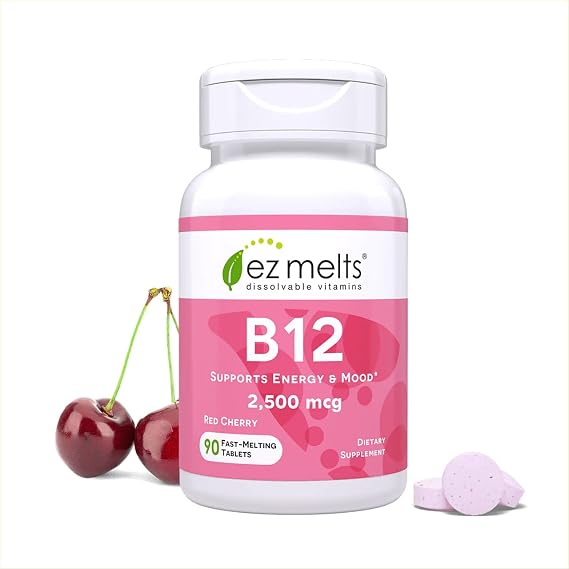 EZ Melts Dissolvable B12 Methylcobalamin 2,500 mcg, 90 Tablets, Red Cherry | Vitamin B12 for Energy & Immune Support, Sublingual Tablets, Non-GMO, Vegan & Gluten-Free