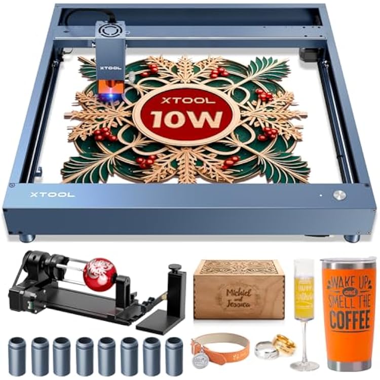 xTool D1 Pro Laser Engraver 4-in-1 Rotary Roller Kit for Glass Tumbler Ring, 10000mW Class 4 Laser Cutter, CNC Machine Laser Engraver for Wood and Metal, Acrylic, Leather