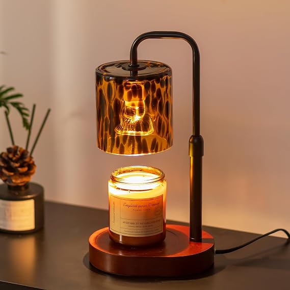 Candeldo Candle Warmer Lamp with Timer, Tortoise Shell Glass Shade | Height Adjustable, Dimmable, with Leopard-Inspired Details, Vintage Home Decor, Includes 2 Bulbs
