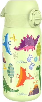 Ion8 Small Water Bottle, Leak Proof, Easy to Open, Secure Lock, Dishwasher Safe, Flip Cover, Carry Handle, Easy Clean, Durable, Water Bottle, Raised Print, Green, Dinosaurs