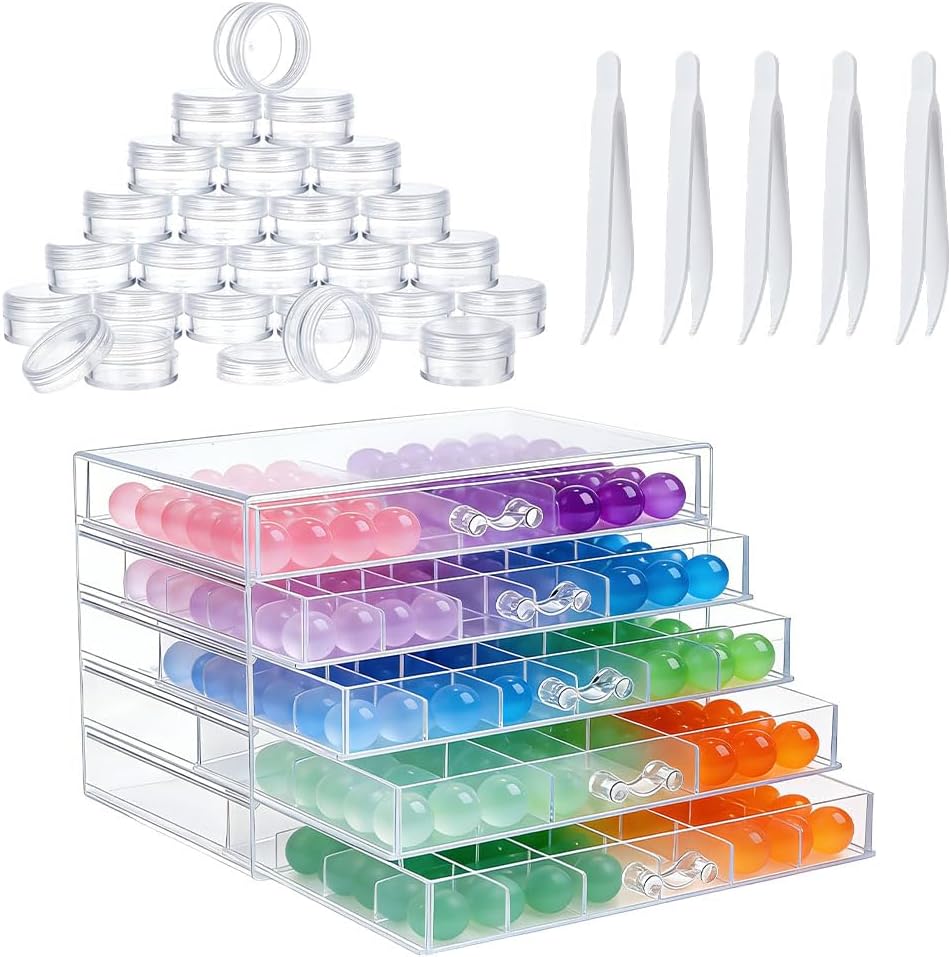 5-Tier Drawers Compartment Storage Box, Clear Nail Art Organizer Box with 72Pcs Small Jar and 5Pcs Tweezers, Accessories Plastic Storage Containers for Nail Tip Ring Earring Bead Crafts