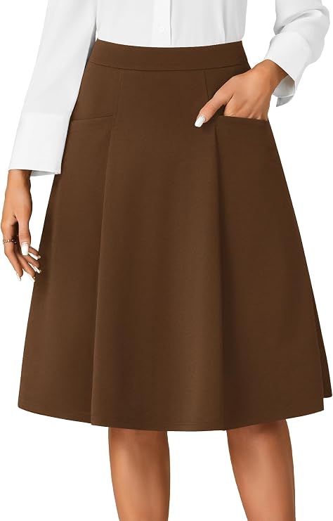 Rooscier Women's High Waist Pleated Flared A Line Elegant Midi Skirt with Pockets