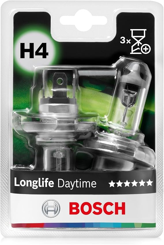 Bosch H4 (472) Longlife Daytime Halogen Headlight Bulbs, 12 V 60/55 W | Long Lasting Car Bulbs - Socket Type P43t - Pack of 2 Replacement Car Light Bulbs
