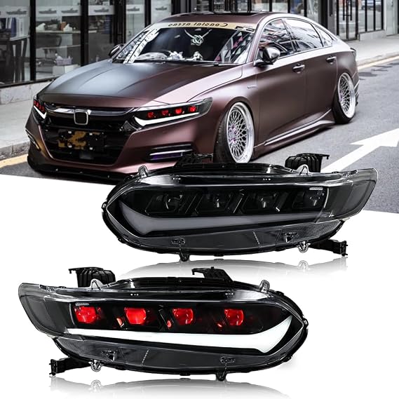 T T-ABC New Quad Headlamp Compatible with 2018-2022 Honda Accord Lights Assembly EX EX-L LX Sport Touring Hybrid 10th Gen Accessories LED Sequential Custom Front Replacement (4 Lens Red)