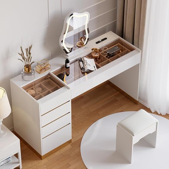 homary Makeup Vanity Desk with LED Mirror & Charging Station, Vanity Table with Tempered Glass Top, 6 Drawers Storage, 3 Color Lighting Modes, Vanity Desk with Chair for Bedroom (White)
