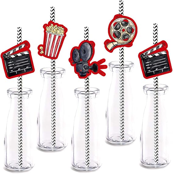 Movie Party Straw Decor, 24-Pack Party Decorations, Paper Decorative Straws