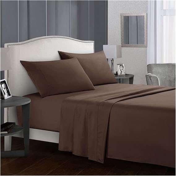 4 In 1 Solid Color Sheet Set Fitted Bed Sheet Pillowcases Flat Bed Sheet Bedclothes Coverlet (No Filler/Quilt Cover Inside)(Coffee,3pcs Twin)