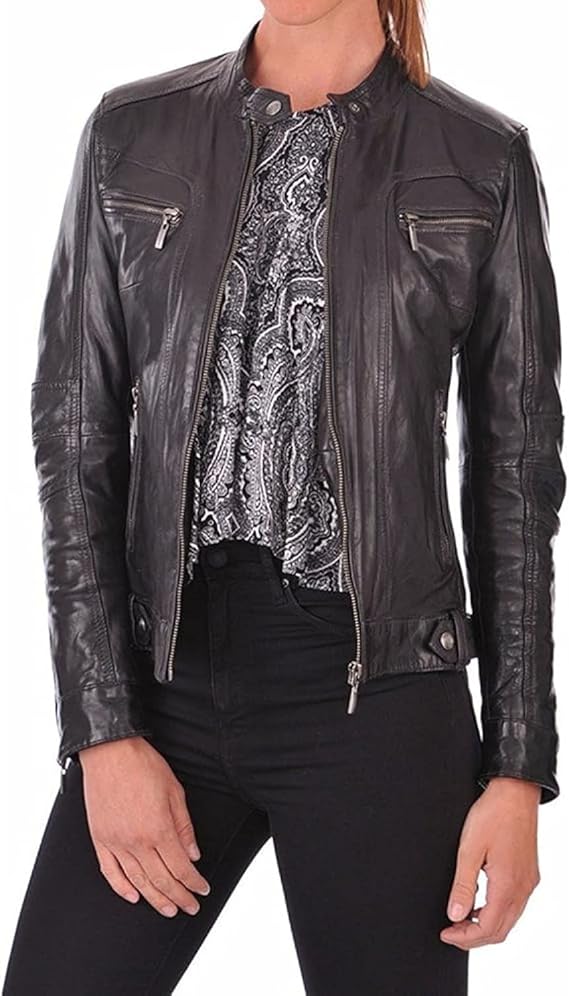 LL LEATHER LOVERS Womens Lambskin Leather Jacket Slim Fit Biker Style with Zipper Pockets