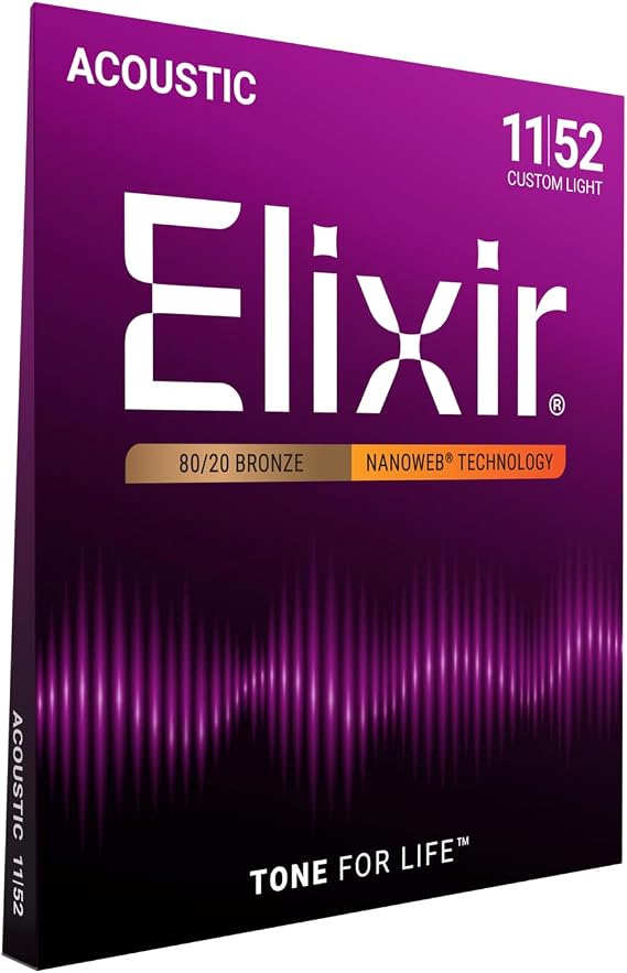 Elixir 11027 Strings 80/20 Bronze Acoustic Guitar Strings w NANOWEB Coating, Custom Light (.011-.052)