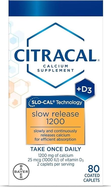 Citracal Slow Release- Calcium 1200 mg with Vitamin D3, Magnesium, Calcium Supplement, Bone Health Support, Take Once Daily Caplet, 80 Count