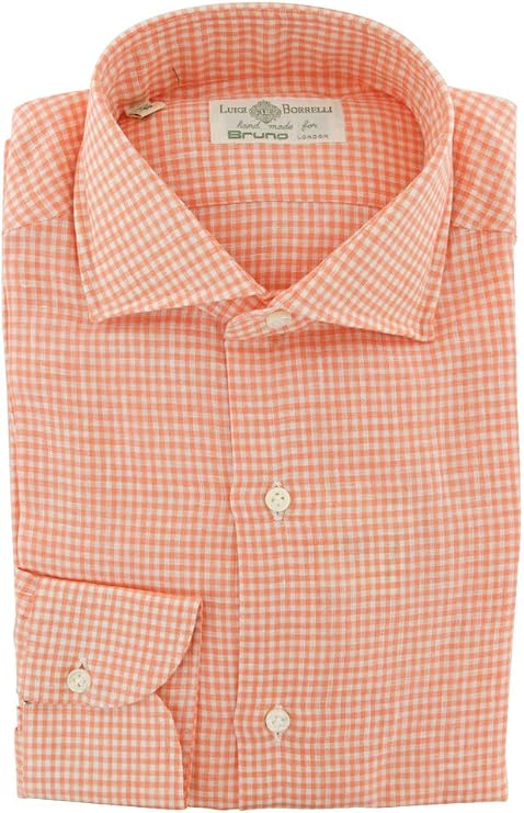 Luigi Borrelli Orange Checkered Button Down Spread Collar Linen Slim Fit Dress Shirt, Size x-Small 14.5