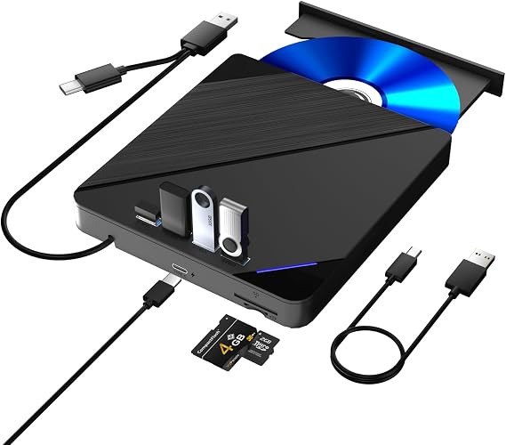 External Blu ray Drive, 7 in 1 Support 100G Disc R/W, USB3.0 Type-C Bluray Drive BD DVD CD Burner with 4 USB Ports, SD/TF Card Slot Compatible with Windows Linux MacOS (Bluray)