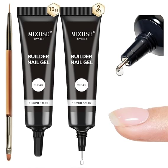 MIZHSE Clear Builder Gel for Nails, 2Pcs 15mL 7 in 1 Needle Tube Builder Gel for Nail Apex and Strengthener Thickening Extension Rhinestone Nail Glue for Beginners & Nail Art DIY Christmas Manicure