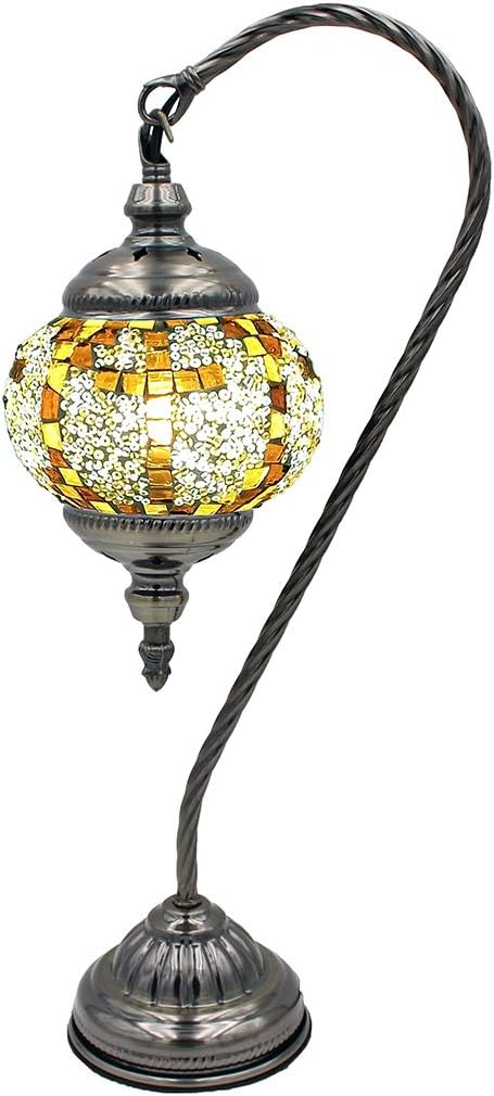SILVERFEVER Mosaic Turkish Lamp Moroccan Glass Swan Neck Lantern for Table Desk Bedside Bronze Base Bundle with E12 Light Bulb (Gold Cross)