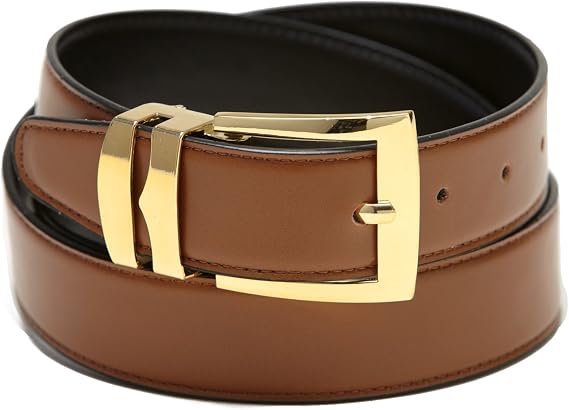 Men's Belt Reversible Wide Bonded Leather Gold-Tone Buckle CONGAC BROWN/Black