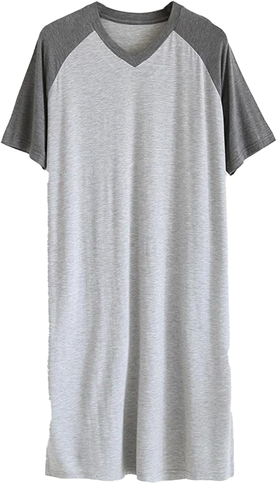 Men's Nightshirt Cotton Raglan Sleepwear Short Sleeve Pajama Dress Round Neck Sleep Shirt Splicing Nightgown