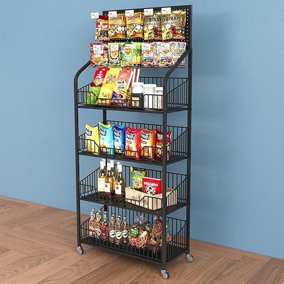 4 Tier Snack Rack Display Stand, Metal Retail Display Shelf | Retail Display Organizer Shelves with Hooks & Wheels, Supermaket Storage Rack, Candy Chip Snack Cart for Store Home