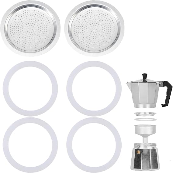 Gasket for 6 Cup Espresso Maker Moka Pot Accessories Gasket for Bialetti Seal, Food-Grade Silicone Gasket Replacement Seal for Coffee Makers 2 Filter and 4 Silicone Gasket for Stovetop Coffee Maker