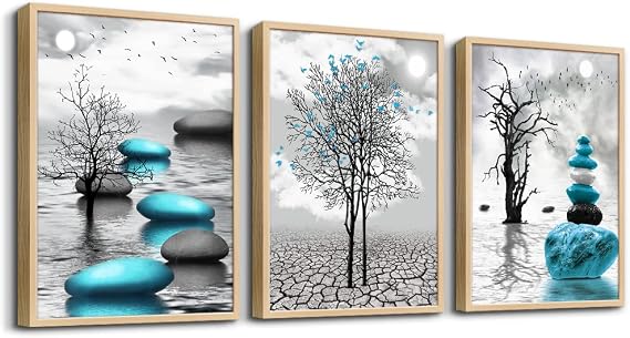 DZRWUBHS Framed Canvas Wall Art, 3pc 12x16in Natural Wood, Abstract Blue Prints, Ready to Hang, Bathroom, Bedroom, Kitchen, Living Room Decor