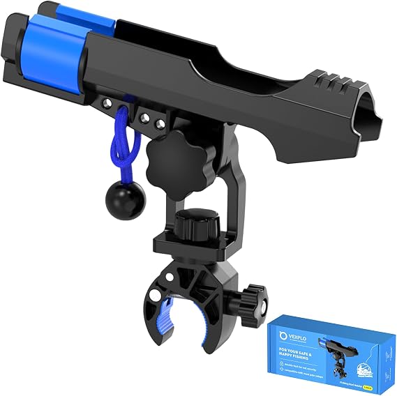 VEXPLO Clamp On Rod Holder for Fishing Boat, Round Rail Mount | Quick Hand-On & Off Fishing Rod Holder for Jon Boat Pontoon Boat Canone Kayak, Protective Bungee Cords Provided