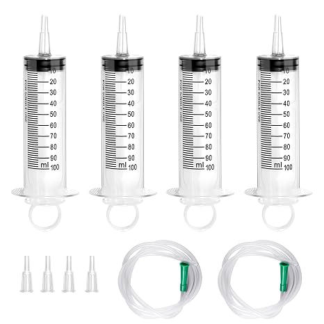 Syringe 100 ml Pack of 4 Large Syringes with Hose 1 m Plastic Syringes Without needle independently packaged dosing syringe 100 ml for experiments pet feeding and industrial applications