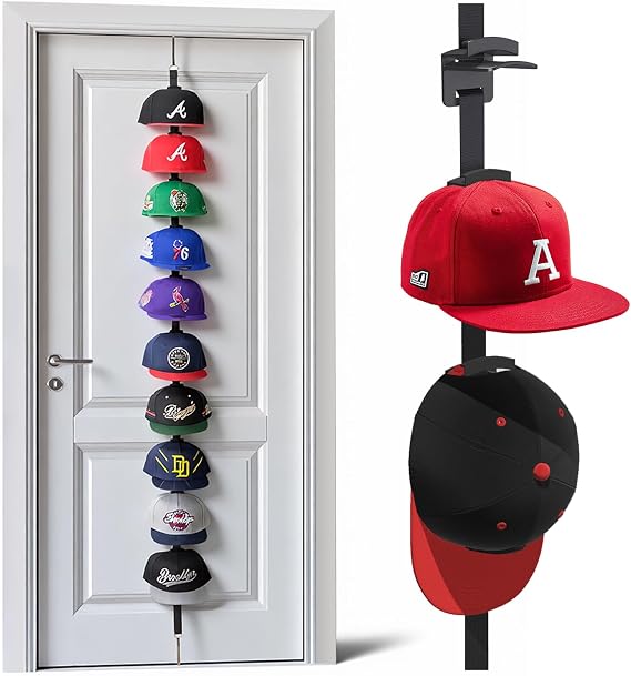 Over-the-Door Hat Organizer for Baseball Caps, Button & Strap 2-Way Hanging | Fits Adjustable & Fitted Caps, Front Logo Display, Prevents Hat Stacking, Tool-Free Setup, Fits Up to 85" Doors
