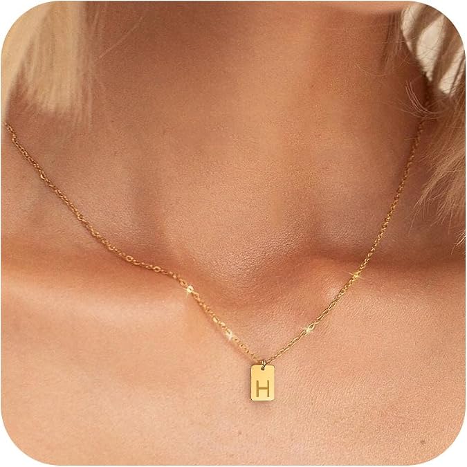 Initial Necklace for Women Girls - 18K Gold Plated Initial Necklace Initial Letter Necklace Tiny Tag Initial A-Z Necklace Gold Jewelry Necklace for Women Gifts