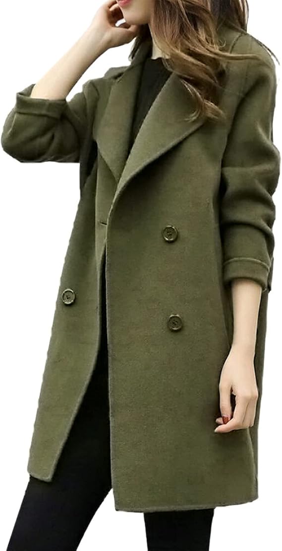 Women's Blazers Basic Wool & Pea Coats Essential Double Breasted Mid-Long Slim Fit Pea Coat Casual Outerwear Overcoats