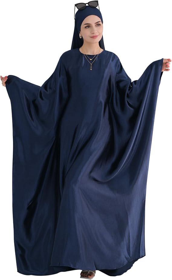 Abaya Muslim Dress Women Satin Prayer Dress Batwing Long Sleeve Middle East Arabian Robe with Hijab