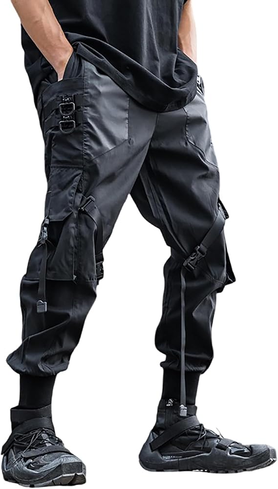 XYXIONGMAO Men's Black Streetwear Trousers Goth Sweatpants Techwear Hip Hop Multi-Pocket Cargo Pants with Straps for Men