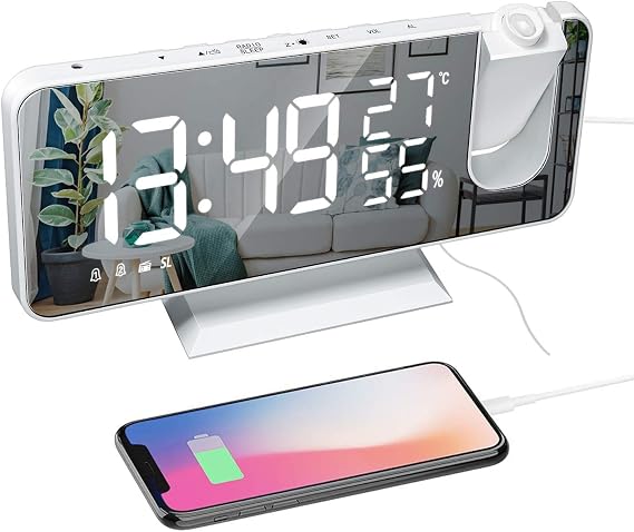 ThreeH Projection Alarm Clock with USB Charger FM Radio Dimmer White | 180 Rotatable Projector, FM Radio, 7.4" Mirror Display, 2 Sounds 4 Dimmer