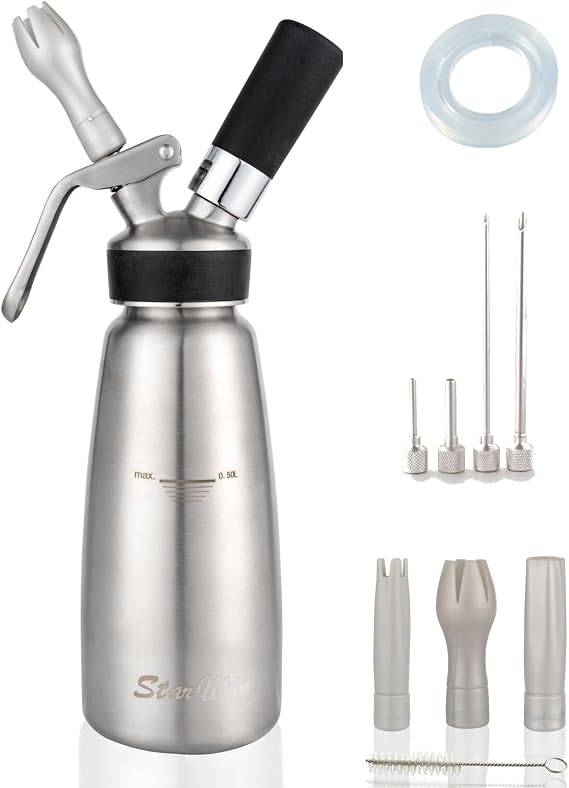 Professional 500ml Stainless Steel 304 Whipped Cream Dispenser, w/ 3 Decorating Nozzles 4 Injector tips and 1 more Rubber gasket
