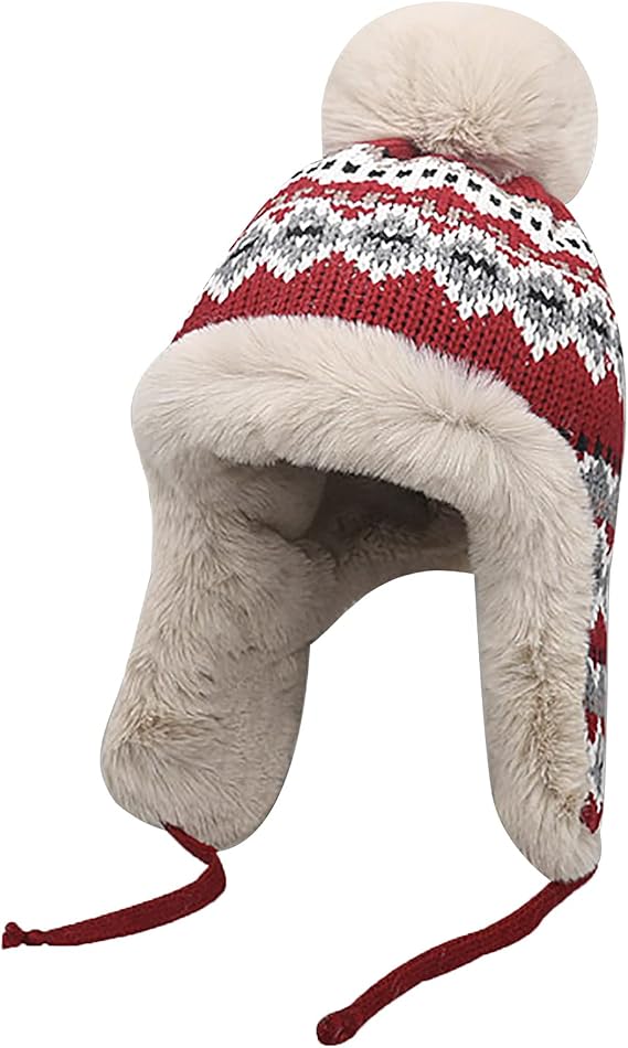Women Winter Beanie Hat Thick Fleece Lined Warm Earflap Trapper Hat Pom Pom Jacquard Knited Outdoor Ski Snow Cap