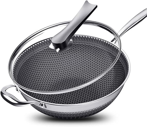 Cooking Pot, Frying Pan,New Non-stick Frying Pans Double-Sided Screen Honeycomb Stainless Steel Wok Without Oil Smoke Frying Pan