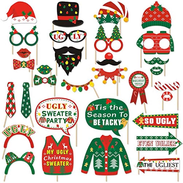 Bessmoso Ugly Sweater Christmas Photo Booth Props - Tacky Sweater Party Centerpiece for Christmas Party Decorations