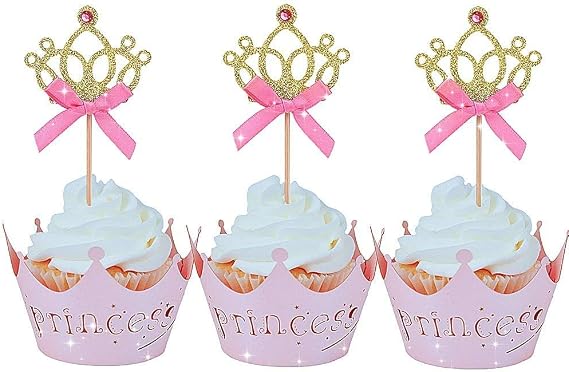 JeVenis 40 PCS Glittery Princess Cupcake Toppers Crown Cupcake Wrapper Crown Cupcake Toppers Baby Shower Cupcake Decorations for Birthday Baby Shower Party Decorations Supplies