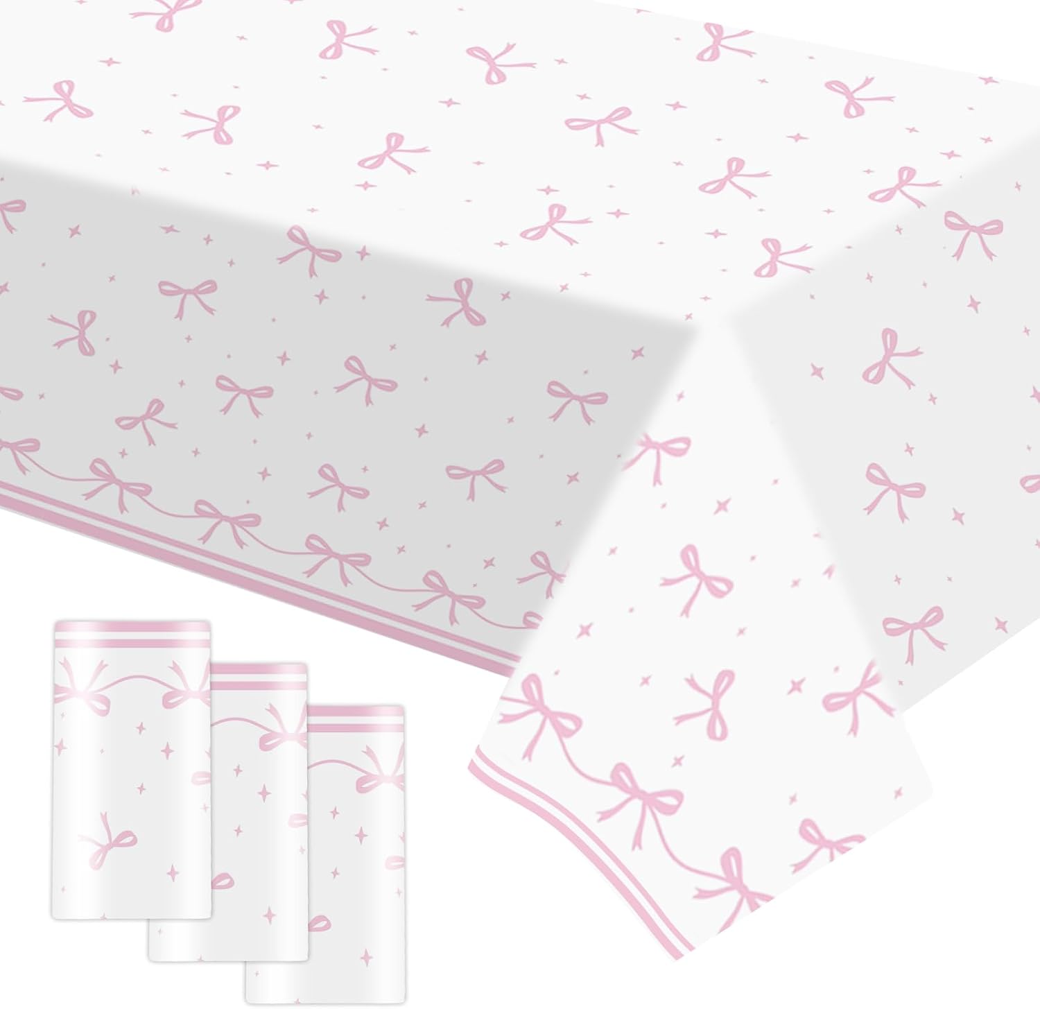 3 Pcs Pink Bow Table Cloth, White Background Coquette Bow Table Cloth for Wedding, Birthday, Party Decorations,Disposable Tablecloths for Celebrations,Event Decor and Supplies 54 x 108 Inch