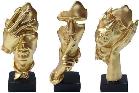 aboxoo 3 Pcs Thinker Statue, Silence is Gold Abstract Art Figurine, No Hear No See No Speak Modern Home Resin Sculptures Decorative Objects Modern Decor for Creative Room Home, Office Study (Gold)