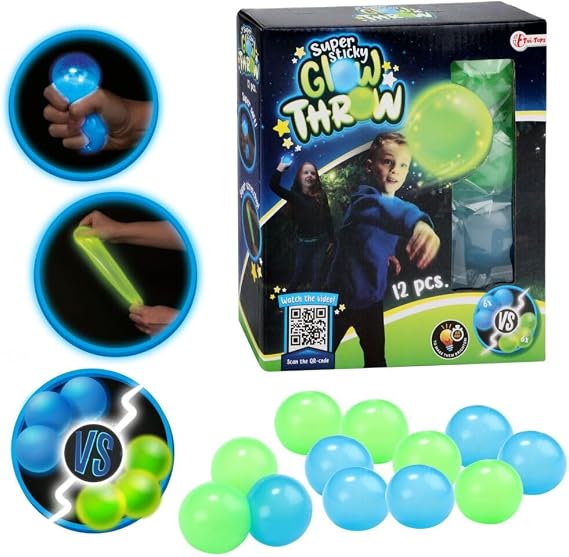 Toi-Toys Glow in The Dark Set Blue and Green - Looks like 12 Pieces Fluorescent Ball Games Ball Launcher Ball Game Outdoor and Indoor Suitable for Ages 3 Years and Above