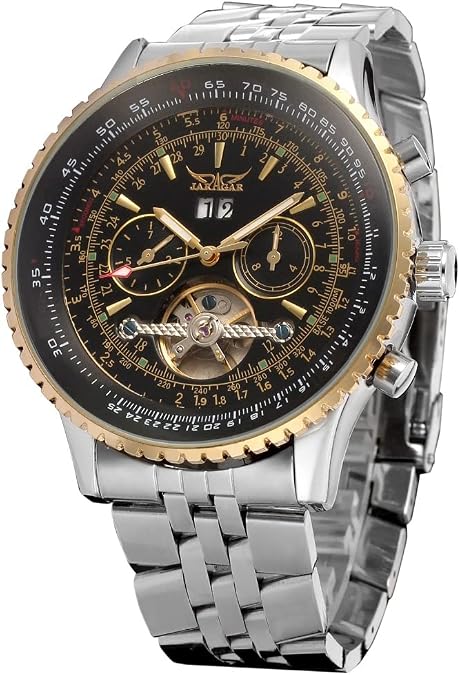 JARAGAR Golden Bezel Big Dial Tourbillon Design Mens Watches Brand Luxury Stainless Steel Automatic Mechanical Wrist Watch with Calendar